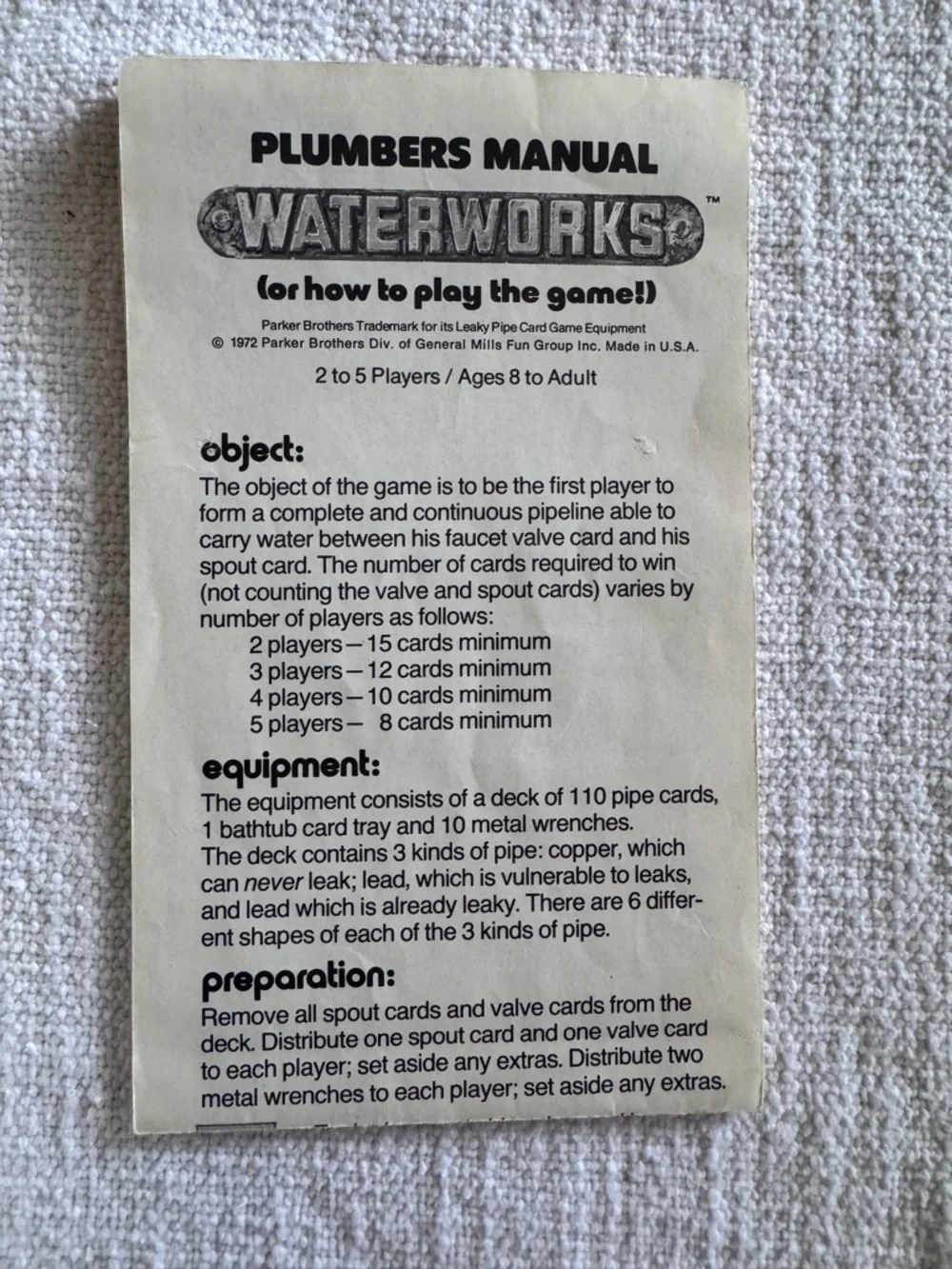 WATER WORKS Parker Brothers Card Game Vintage 1972 -